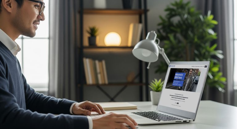 A person using a computer to access an online SERU course and a topographical mock-up test on a website.