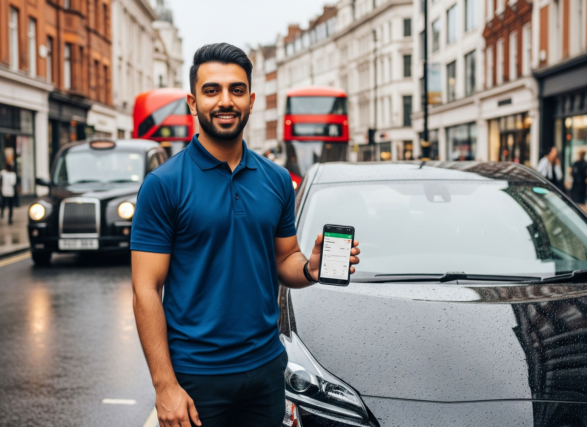 A professional photo of an Uber driver in London, standing next to his car in a busy street, demonstrating his readiness for the "SERU" (Safety, Equality and Regulatory Understanding) and topographical assessments required by Transport for London.