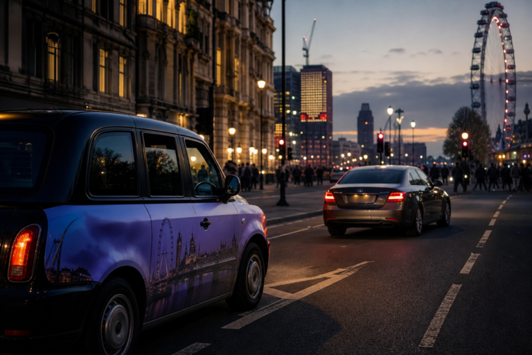 London street with advertising black cab and plain minicab.