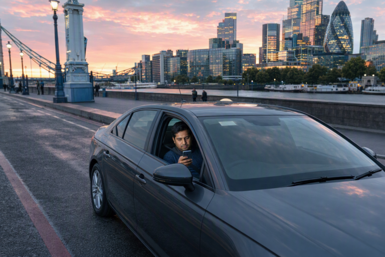 London Uber driver checking phone after UK Budget announcement.