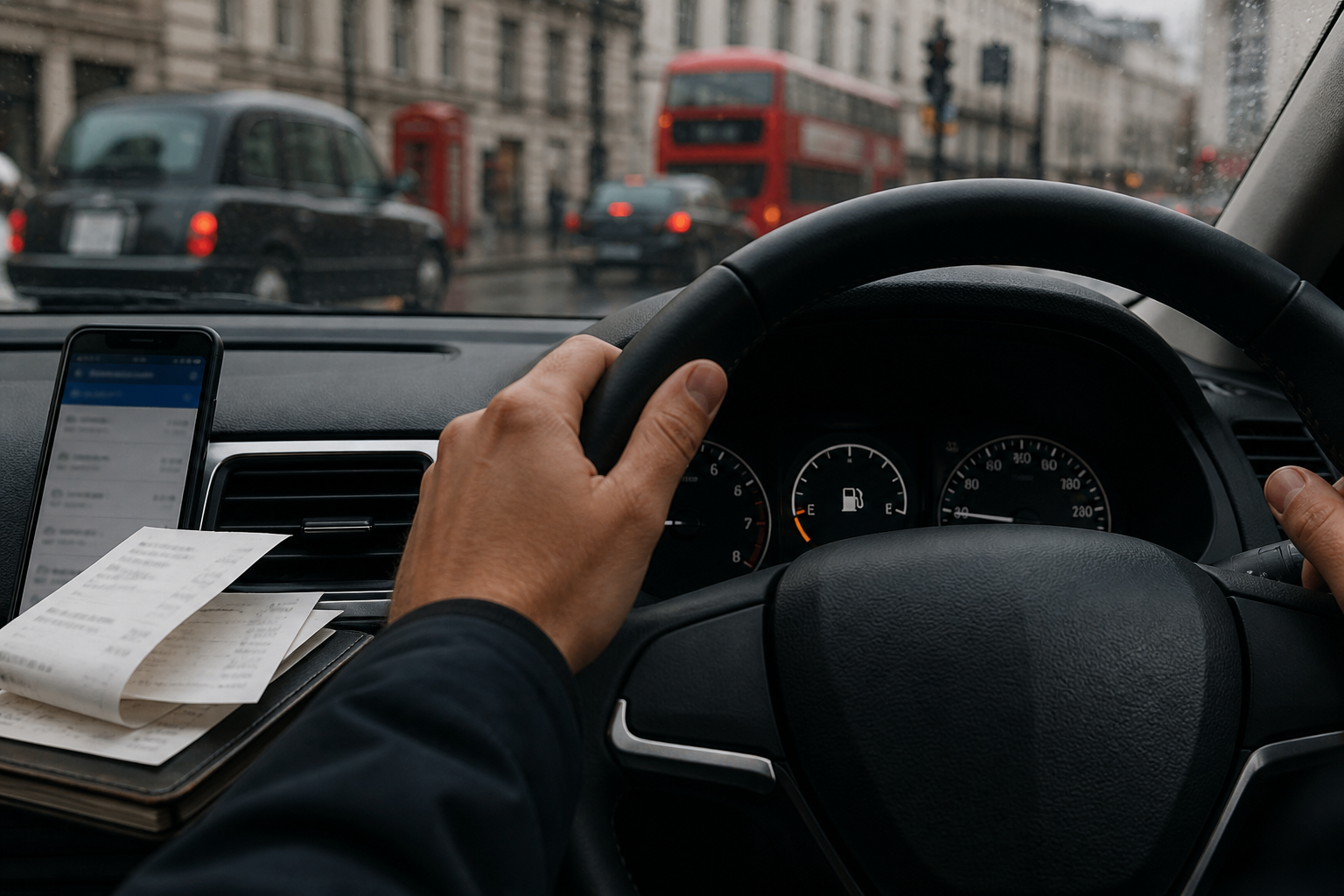 Private hire driver's hands on steering wheel, fuel gauge visible.