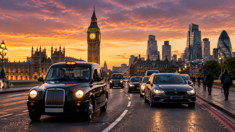 Busy London street with taxis and private hire vehicles at dusk.