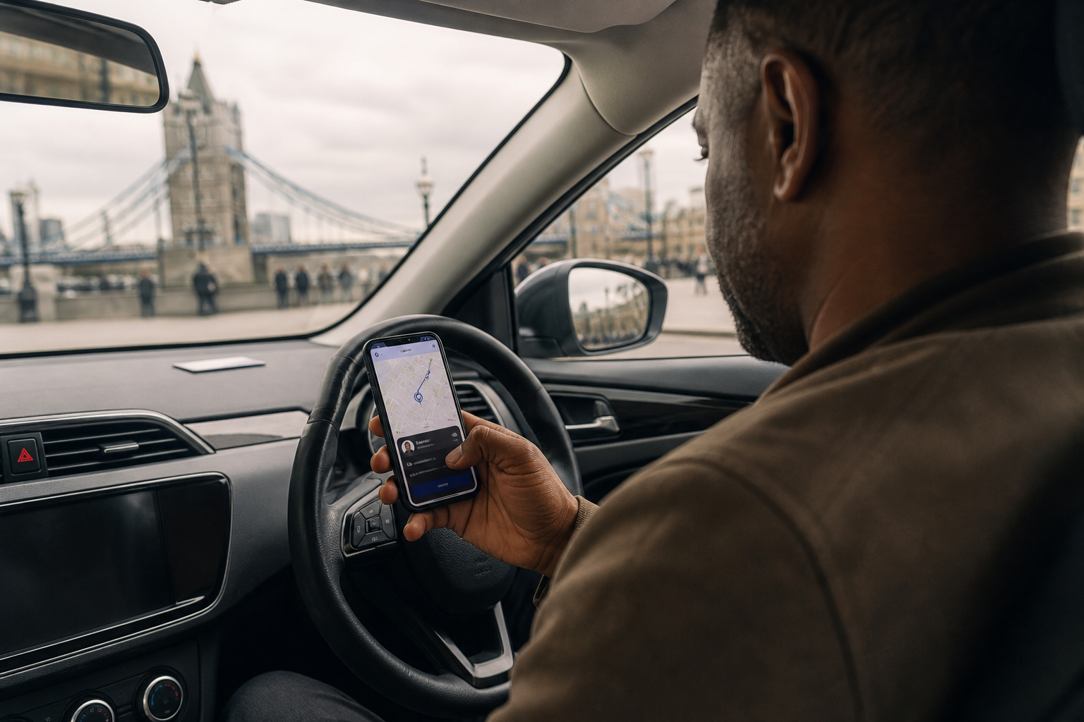 PHV driver's hand on a ride-hailing app in London.